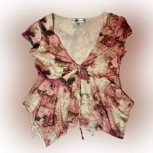 Madden Girl Y2K Floral Mesh Fairy-core Asymmetrical Coquette Top Small